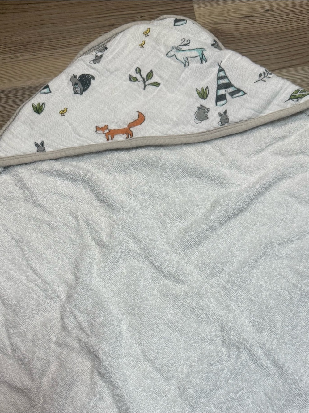 Little Unicorn Woodland Animal Muslin towel- Fox, Bear & Tree Print - Picture 5 of 7